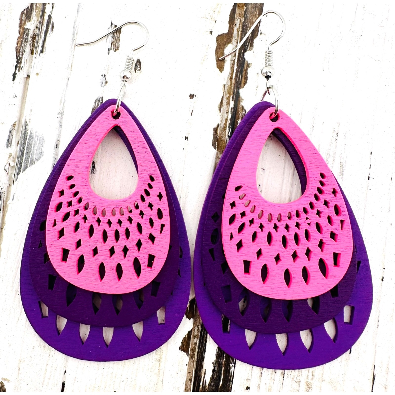 Neon Shades Of Purple & Pink Laser Cut Wood Teardrop Earrings